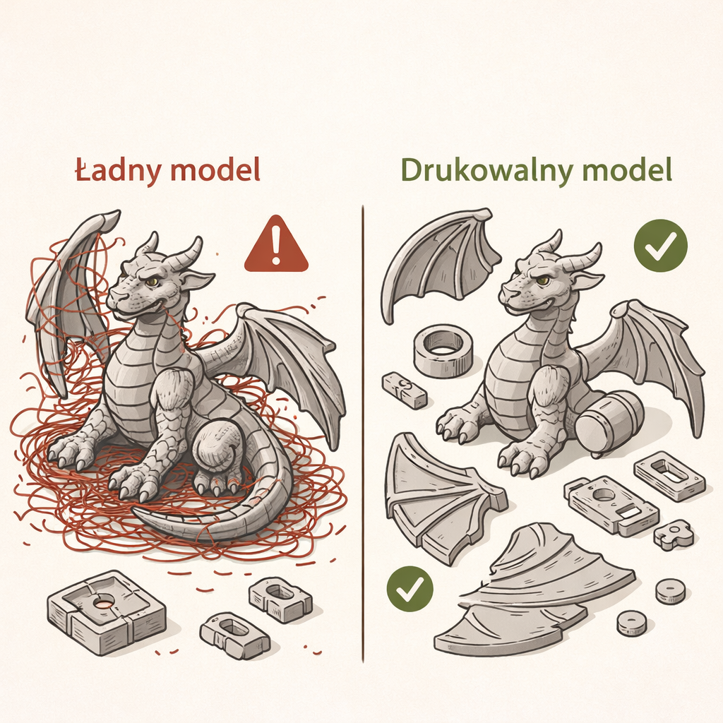 Dlaczego wiele modeli 3D z internetu drukuje się fatalnie? Różnica między modelem „ładnym” a modelem „drukowalnym”.
