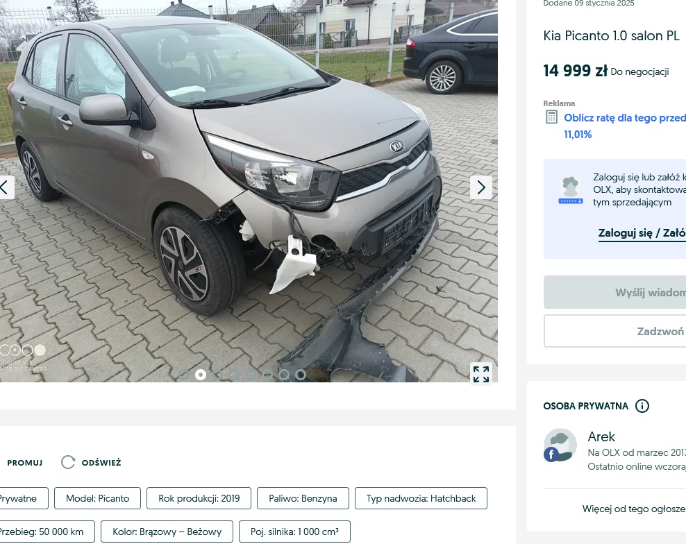 Numer rejestracyjny WPU60440 posiada KIA Picanto L