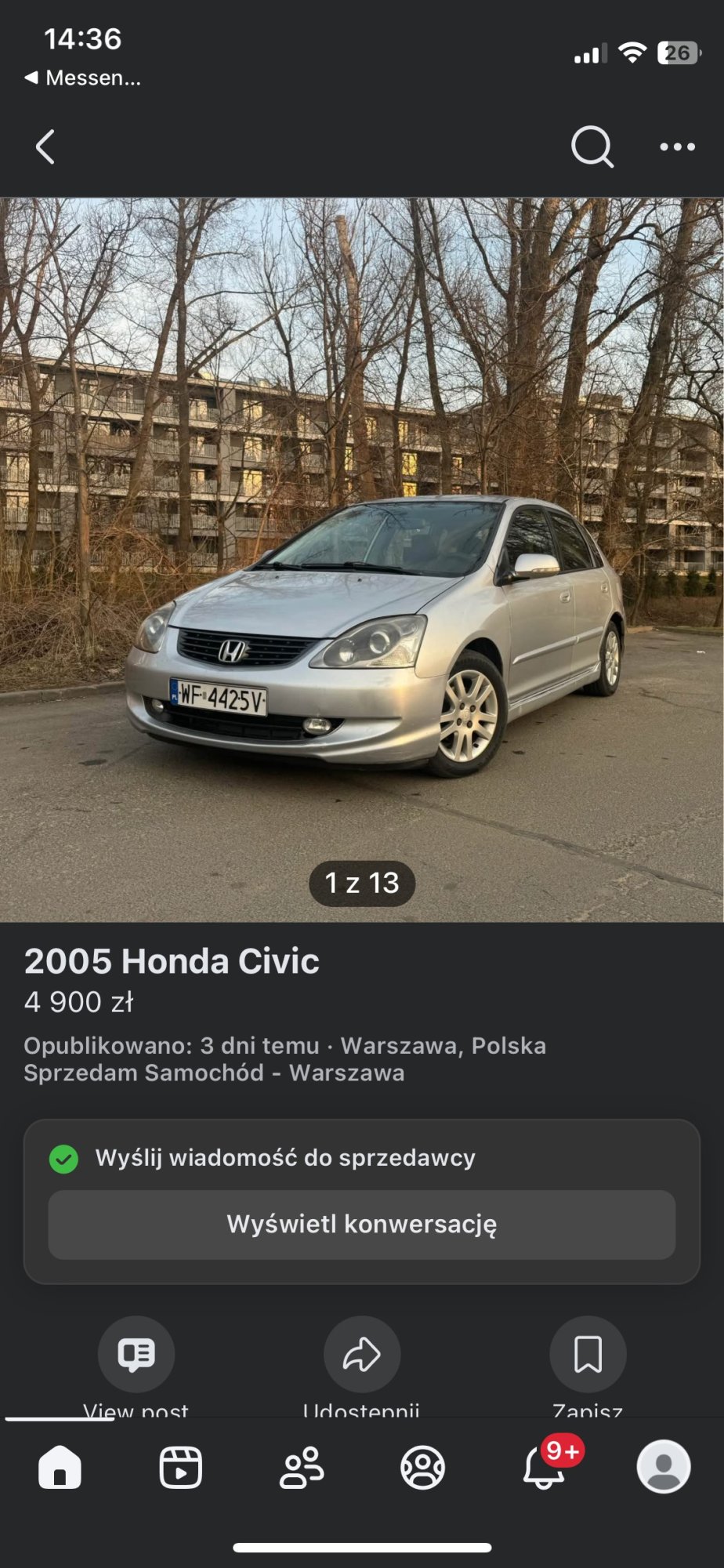 Numer rejestracyjny WF 4425V posiada HONDA Civic 1.6 MR`01 E3 ES - WF4425V