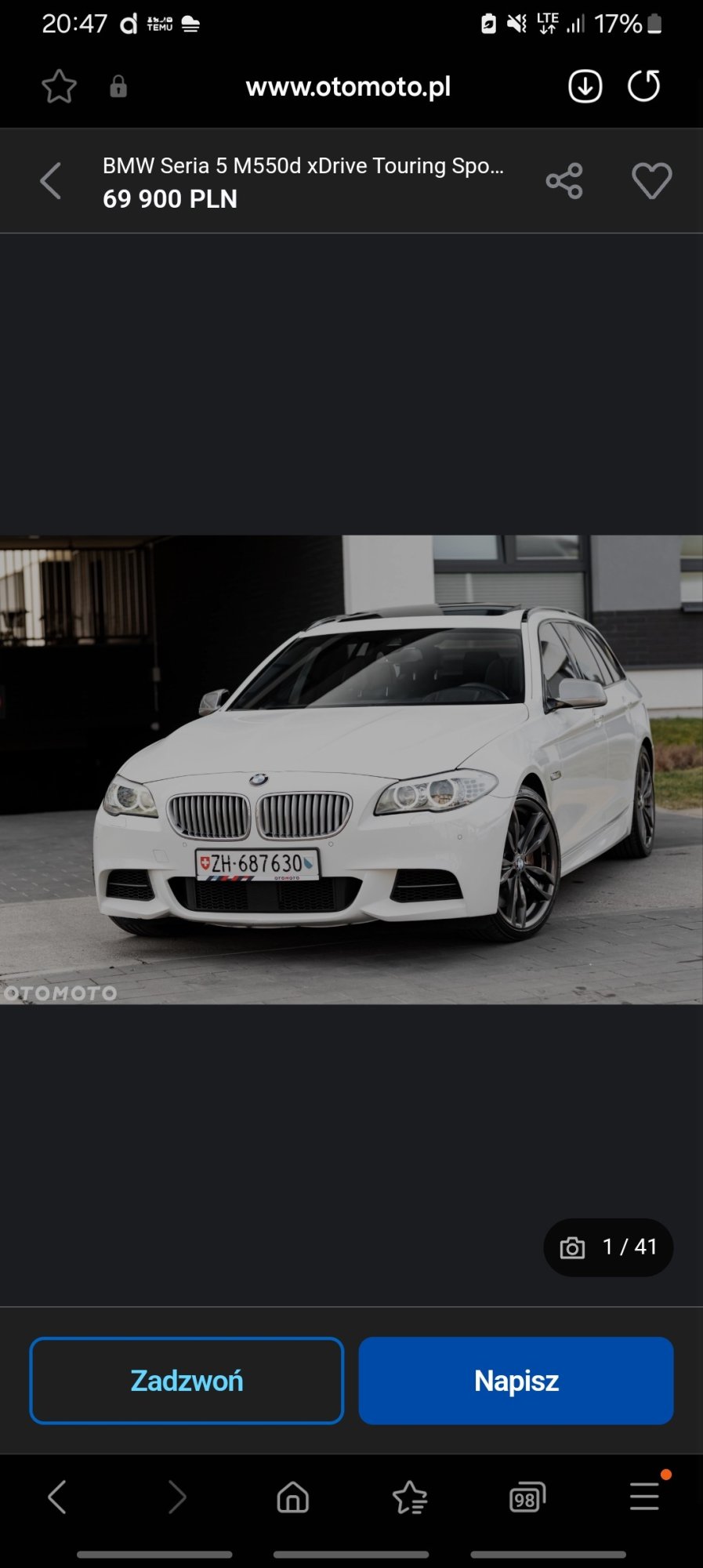 Numer rejestracyjny ZH687630 posiada BMW Seria 5 M550d xDrive Touring