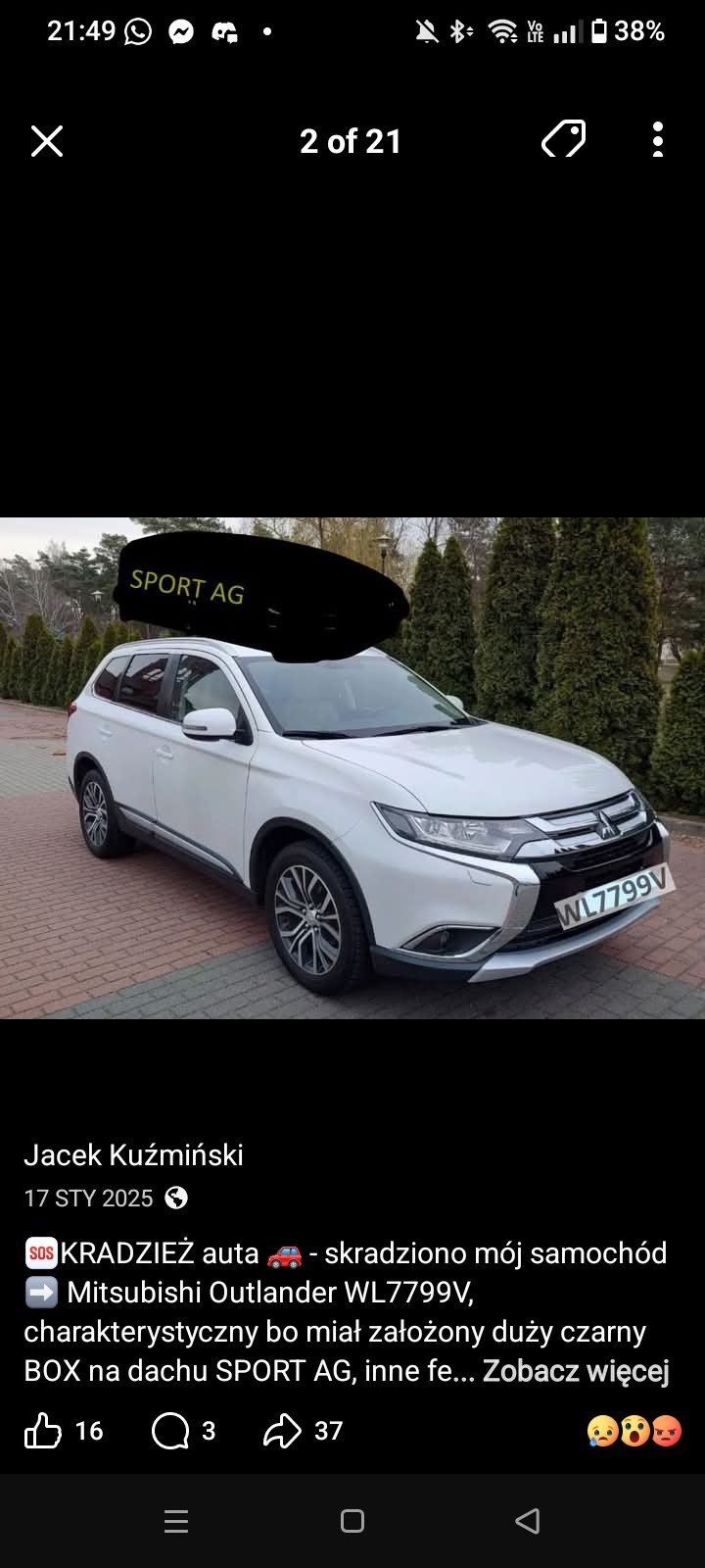 Numer rejestracyjny WL 7799V posiada MITSUBISHI OUTLANDER - WL7799V